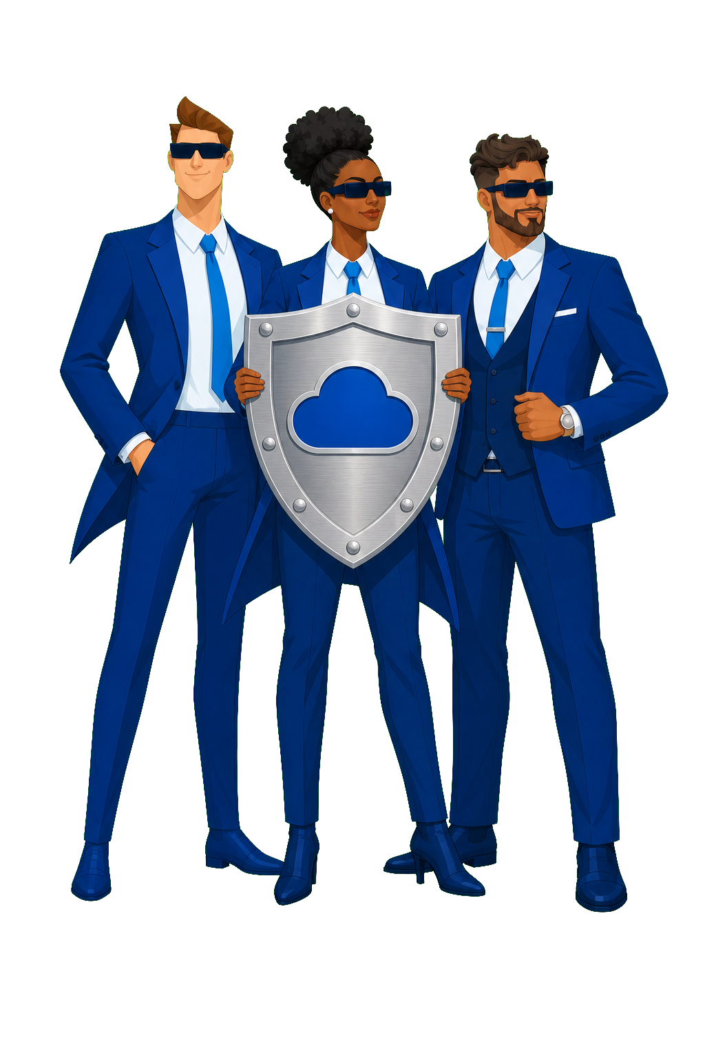Three CloudVault guardians holding a security shield.