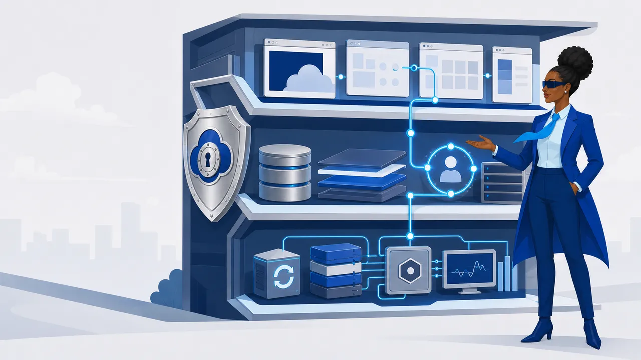 A CloudVault guardian presents the three planned platform layers: sites and applications, data and authentication, and managed operations.