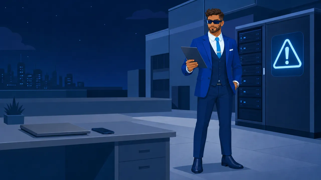 A CloudVault guardian calmly responds to an infrastructure alert while the agency owner remains undisturbed.